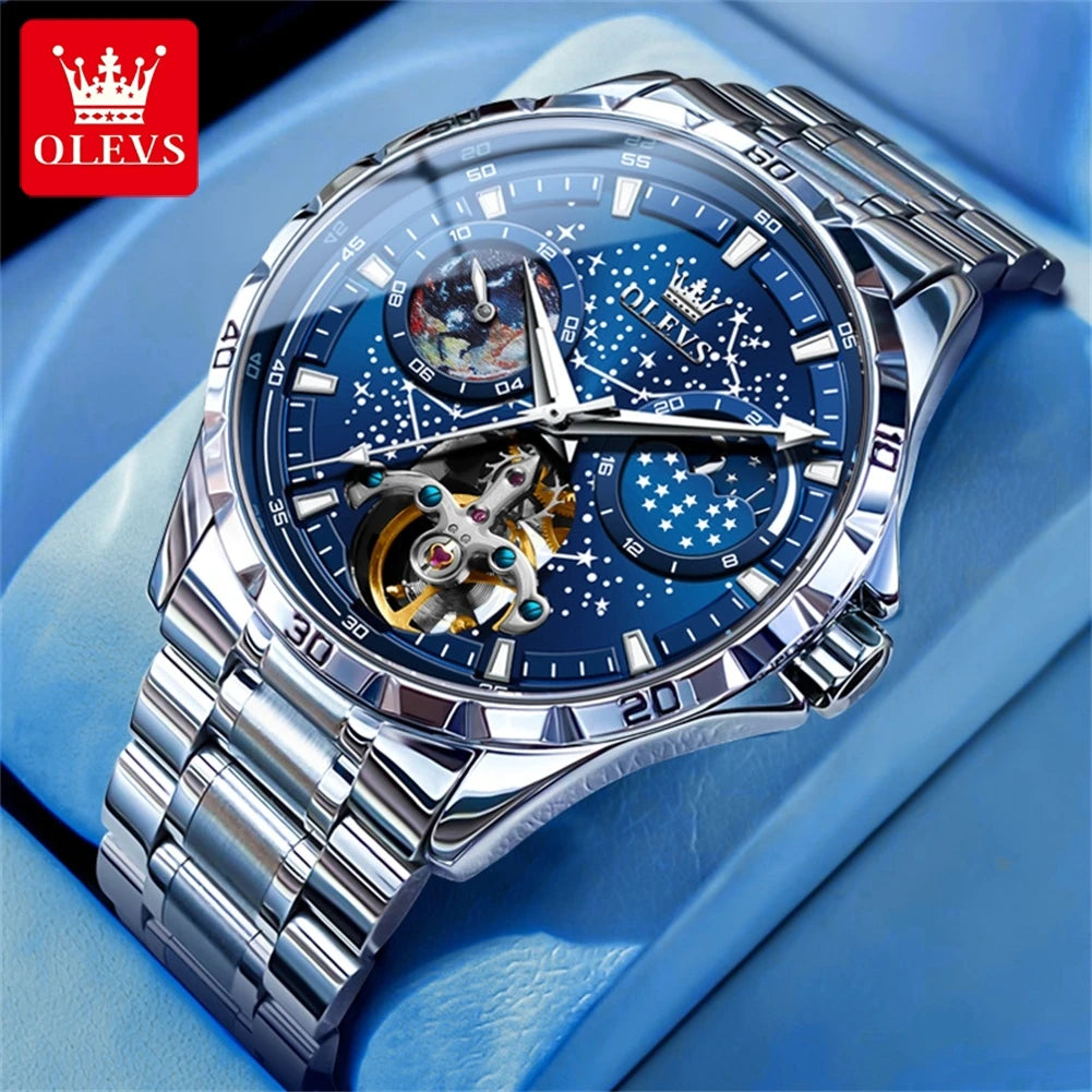 OLEVS Men’s Flywheel Skeleton Automatic Watch Starry Sky Dial, Luminous Mechanical Movement & Waterproof Business Wristwatch