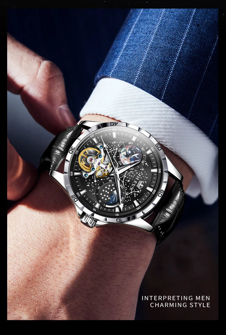 OLEVS Men’s Flywheel Skeleton Automatic Watch Starry Sky Dial, Luminous Mechanical Movement & Waterproof Business Wristwatch