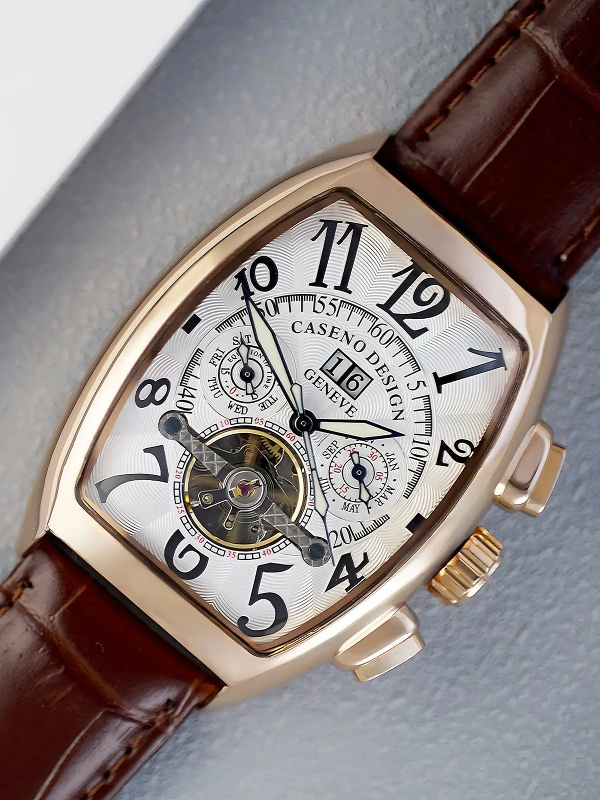 CASENO csúcsminőségű luxusmárka férfi teljesen automatikus mechanikus tourbillon karóra naptárral, éjszakai világítással, tonneau alakú, áttört karóra -577G