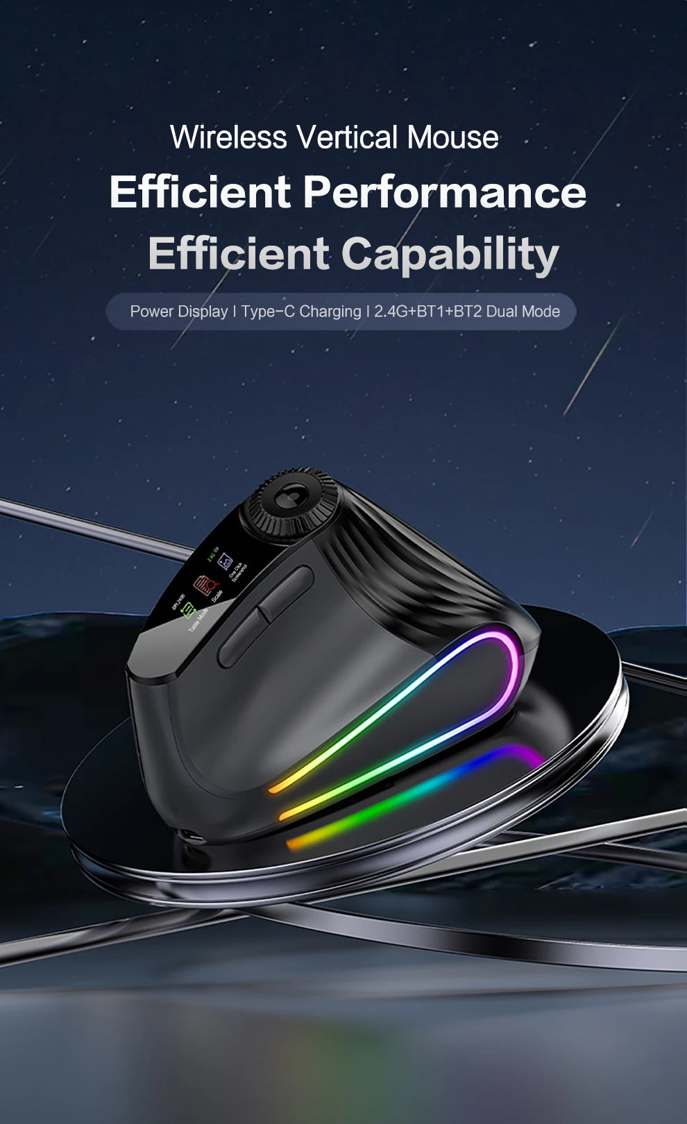 Jomaa RGB Backlit Speed Roller Wireless Vertical Mouse with Function Adjustment Knob Bluetooth USB Ergonomic Mice Silent Click