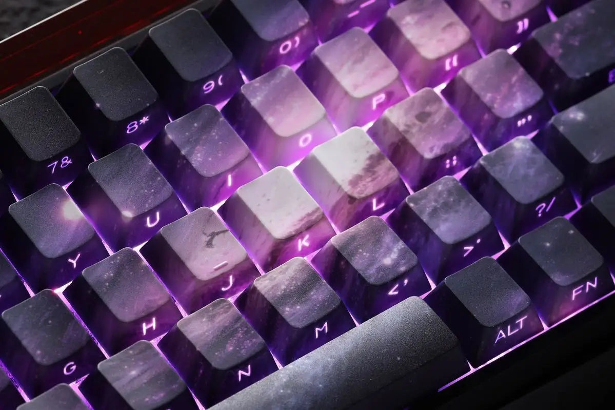 Teclas PBT transparentes con degradado galaxia morado y grabado lateral, 135 teclas, compatibles con teclado mecánico de 60/64/84/98/108 teclas