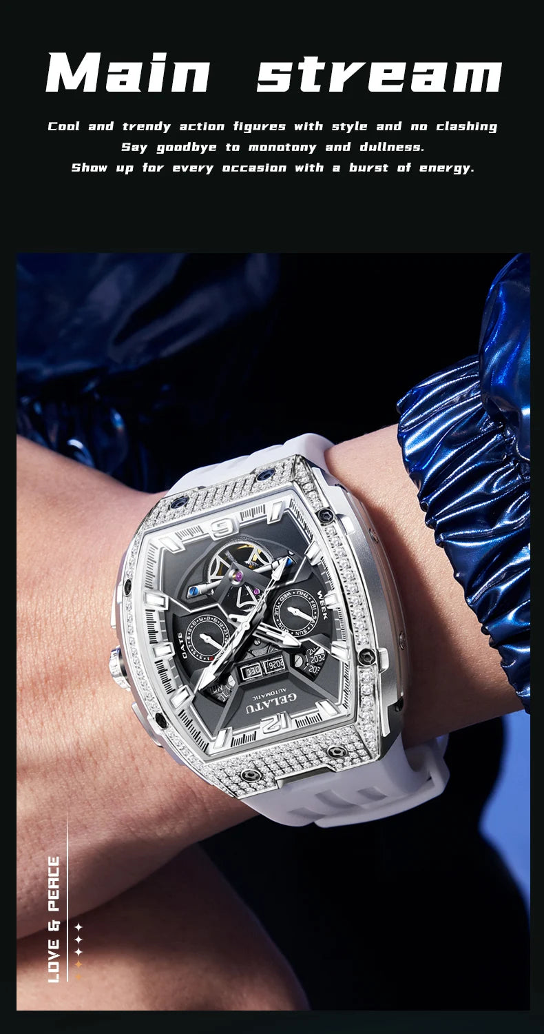 GELATU 6016 High-End Full Diamond Automatic Mechanical Watch for Men Multifunction Hollow Silicone Strap Men's Wristwatches