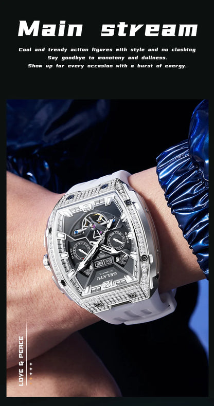 GELATU 6016 High-End Full Diamond Automatic Mechanical Watch for Men Multifunction Hollow Silicone Strap Men's Wristwatches