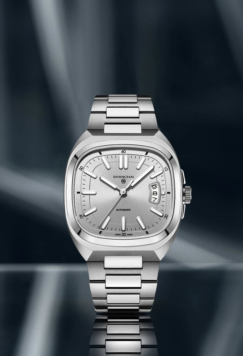 Shanghai Watch automatikus mechanikus, négyzet alakú számlapos férfi karóra, világító, 50 m-ig vízálló, dátumkijelzős, alkalmi karóra SH018