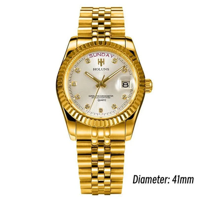 Holuns Luxury Classic 36/41 mm-es arany férfi karóra, japán MIYOTA kvarc szerkezet, rozsdamentes acél, klasszikus üzleti karóra, vízálló