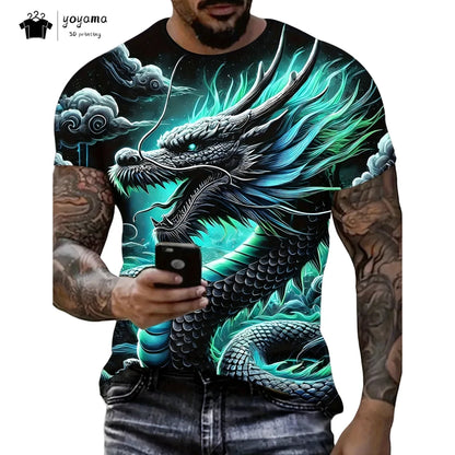 Herren-T-Shirt mit Drachenmuster, kurzärmeliges Fashion-Streetwear-Shirt, Rundhals-Top mit trendigem 3D-Tierprint, locker und vielseitig, Herrenbekleidung