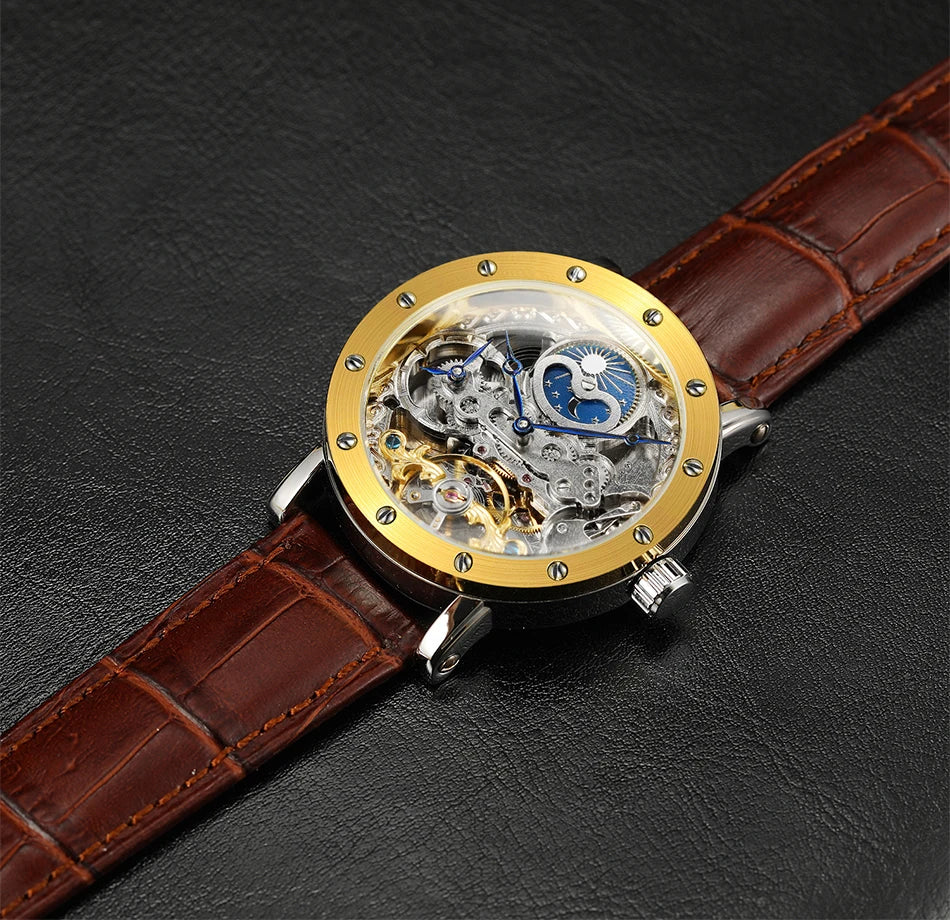 SKROX automatic mechanical wristwatch for men, skeletonised model with GMT function, moon phase and tourbillon – A high-end, elegant and original luxury watch.