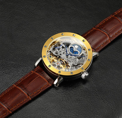 SKROX automatic mechanical wristwatch for men, skeletonised model with GMT function, moon phase and tourbillon – A high-end, elegant and original luxury watch.