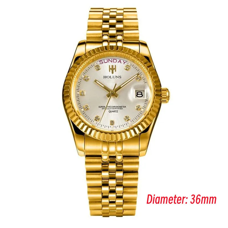 Holuns Luxury Classic 36/41 mm-es arany férfi karóra, japán MIYOTA kvarc szerkezet, rozsdamentes acél, klasszikus üzleti karóra, vízálló