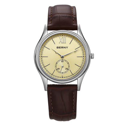 BERNY Watches for Men Luxury Slim Classic Stylish Dress Quartz Watch Stainless Steel Case Elegance Leather Band Wristwatch