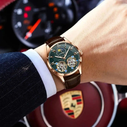 CAREKISO Fashion Men Clock Double Hollow Tourbillon Automatic Mechanical Man Watch Waterproof Luminous Leather Men's Watches+Box