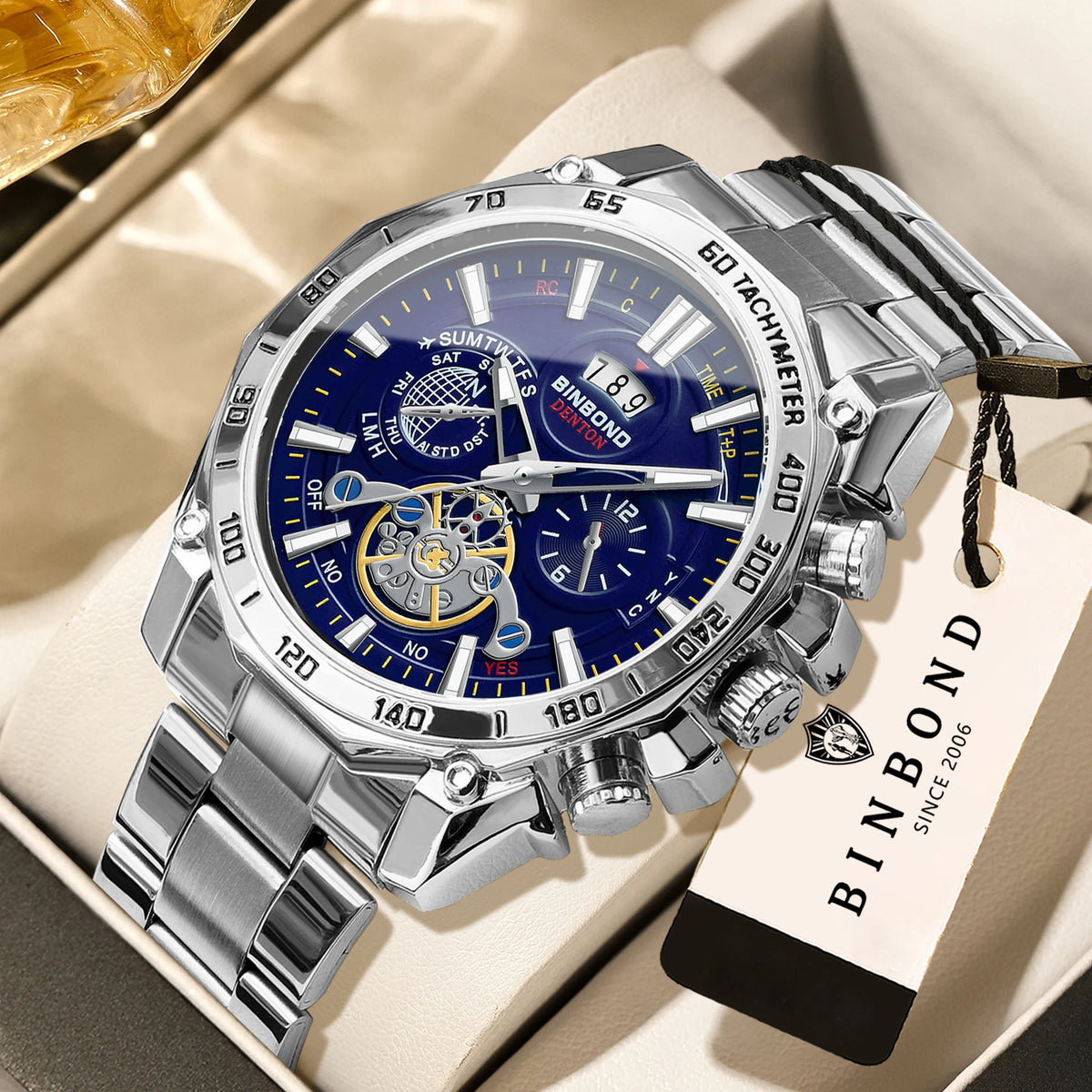 BINBOND luxury quartz watches for men: luminous, water-resistant, with automatic date display, accurate and durable, in a sporty and business style.