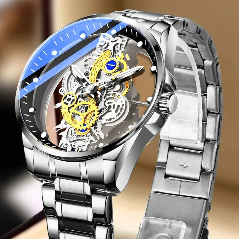 Orologio di tendenza da uomo, modello a doppia apertura, stile di lusso dorato, finto tourbillon meccanico, movimento al quarzo.