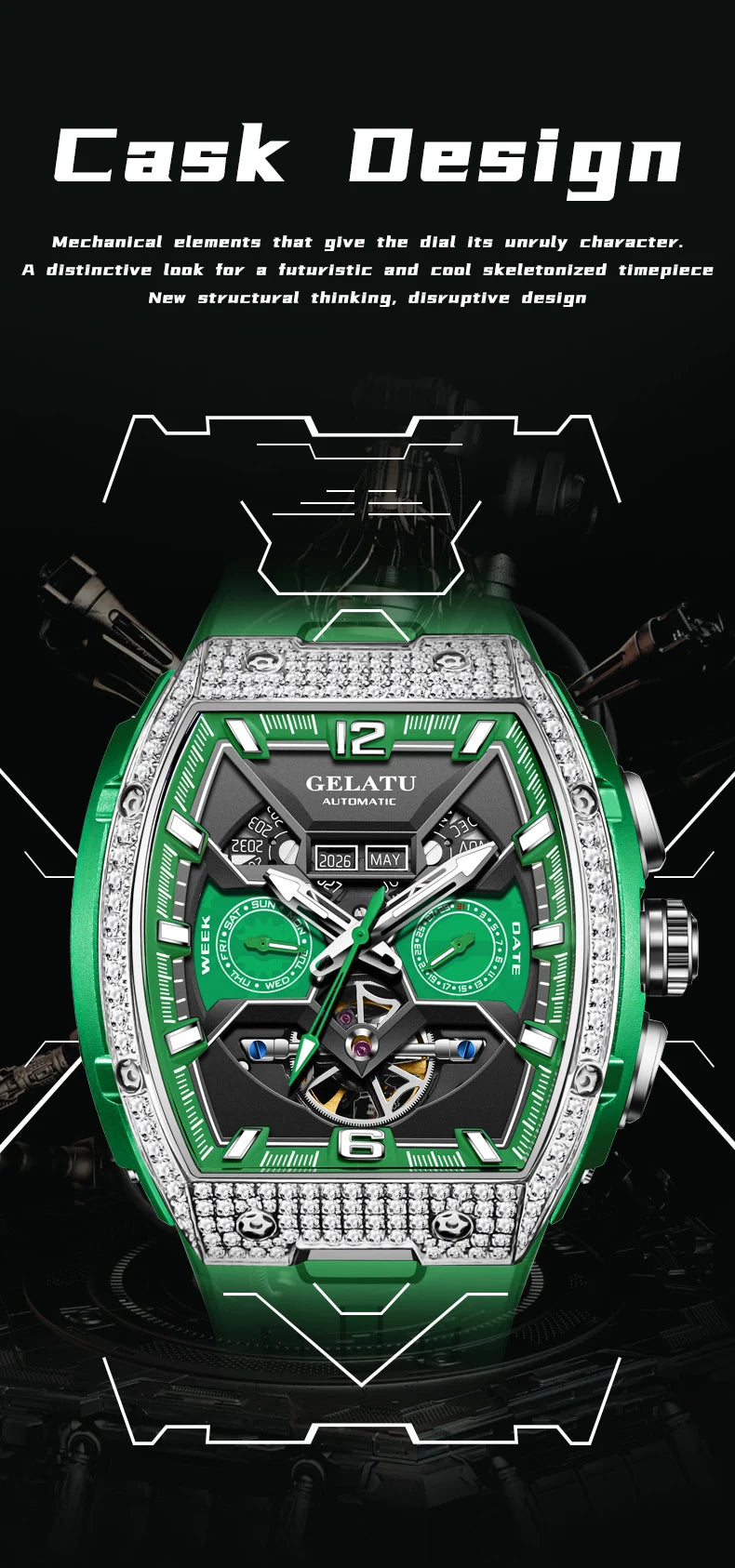 GELATU 6016 High-End Full Diamond Automatic Mechanical Watch for Men Multifunction Hollow Silicone Strap Men's Wristwatches