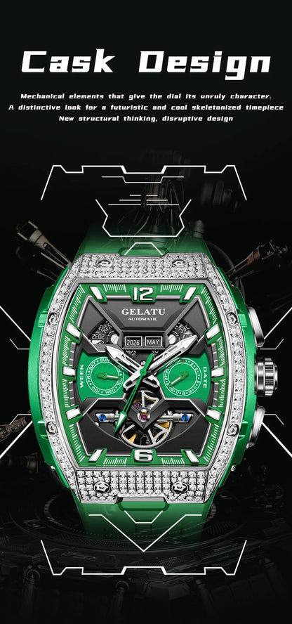 GELATU 6016 High-End Full Diamond Automatic Mechanical Watch for Men Multifunction Hollow Silicone Strap Men's Wristwatches