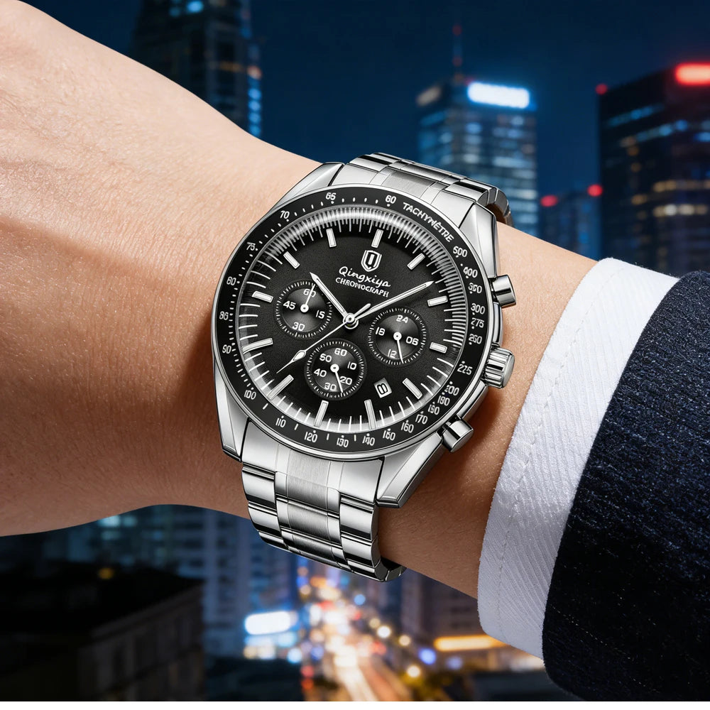 Montre à quartz pour homme, de marque de luxe, étanche et luminescente, en acier inoxydable, dotée d'un chronographe 24 heures et d'un affichage de la date – Montre élégante pour homme