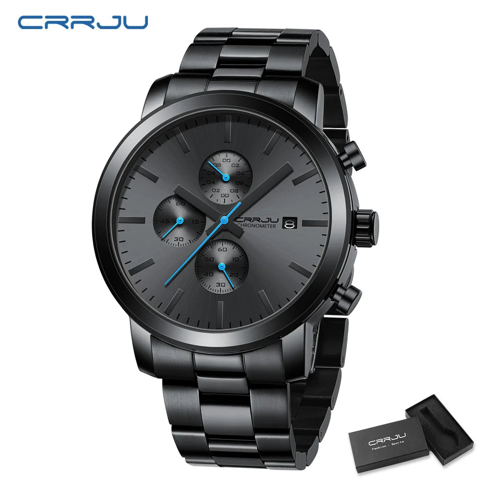 CRRJU Men’s Watch – Stainless steel chronograph, water-resistant, with date display, analogue quartz movement, elegant and professional style