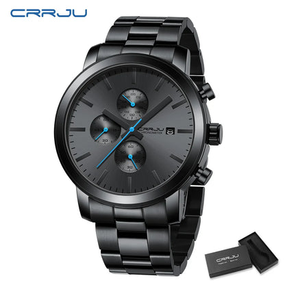 CRRJU Men’s Watch – Stainless steel chronograph, water-resistant, with date display, analogue quartz movement, elegant and professional style