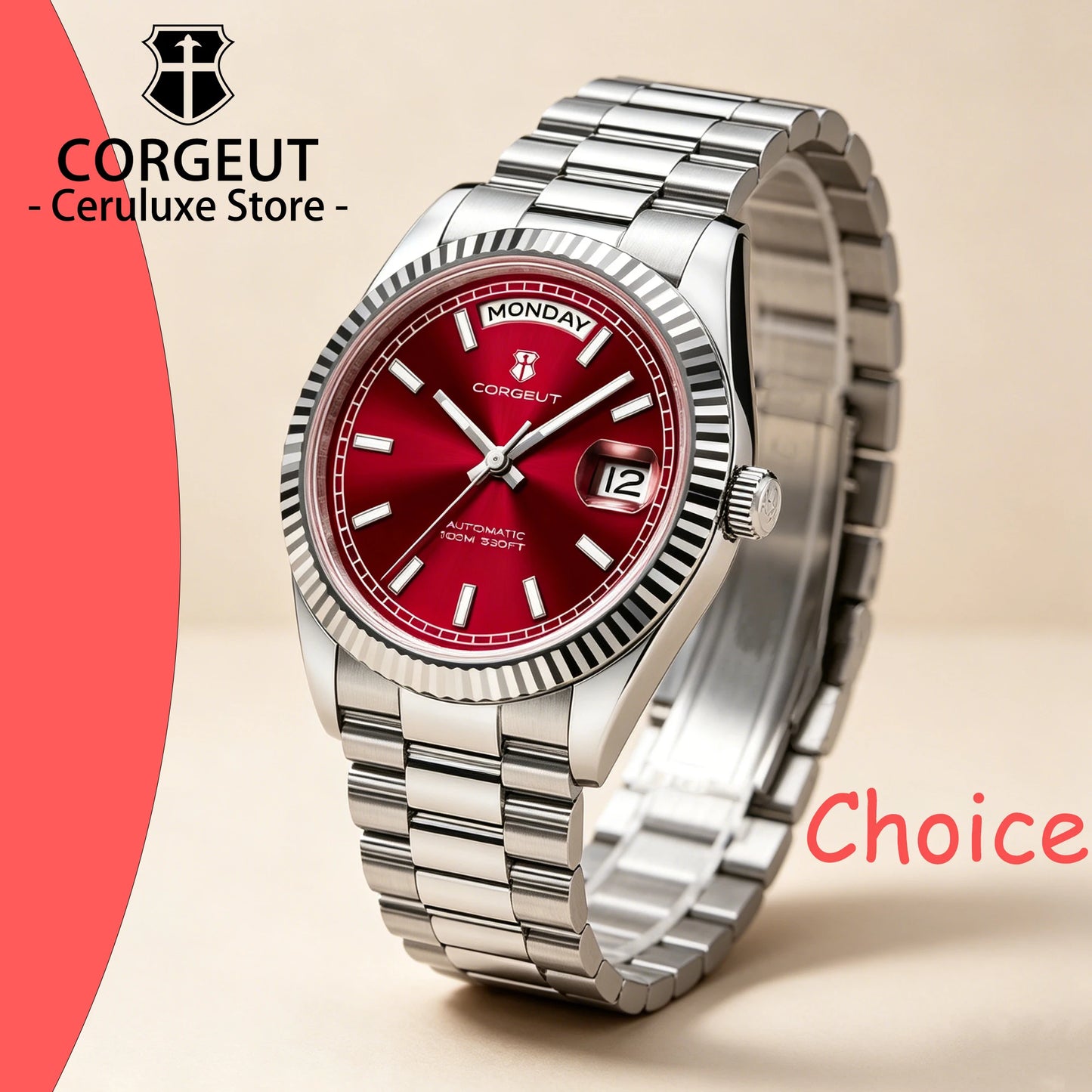 Reloj mecánico CORGEUT NH36 para hombre con indicador de día y fecha, brazalete President, caja de acero, bisel arqueado roscado, waterp