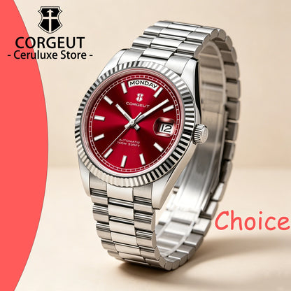 Reloj mecánico CORGEUT NH36 para hombre con indicador de día y fecha, brazalete President, caja de acero, bisel arqueado roscado, waterp