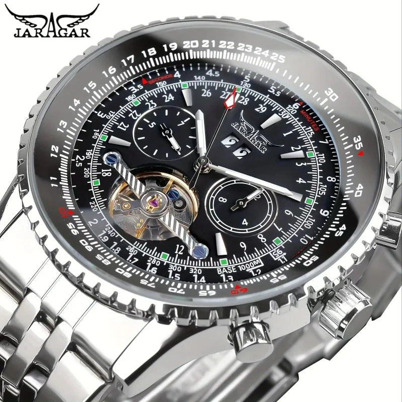 JARAGAR 034 luxury retro automatic mechanical watch, tourbillon, skeletonised case, stainless steel, week calendar, men’s watch