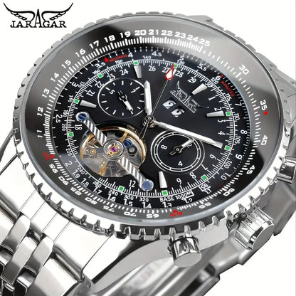 JARAGAR 034 luxury retro automatic mechanical watch, tourbillon, skeletonised case, stainless steel, week calendar, men’s watch