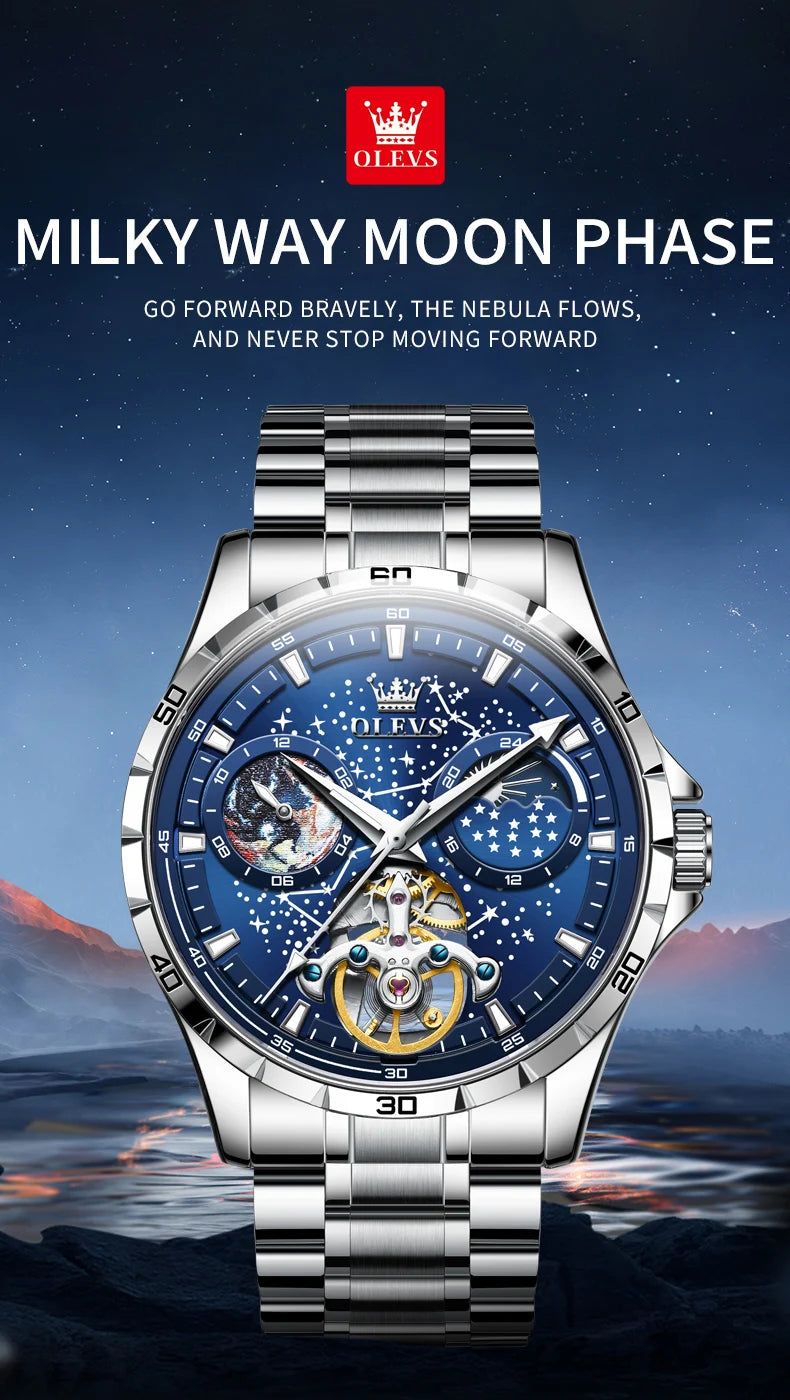 OLEVS Men’s Flywheel Skeleton Automatic Watch Starry Sky Dial, Luminous Mechanical Movement & Waterproof Business Wristwatch