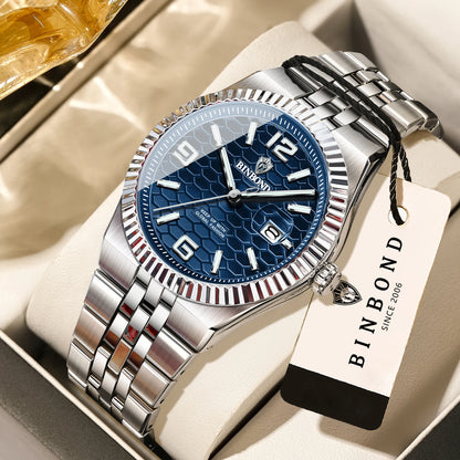 Reloj de pulsera de cuarzo de lujo BINBOND, luminiscente, resistente al agua, con fecha automática, para hombre, de acero, estilo ejecutivo, deportivo, moderno y desenfadado.
