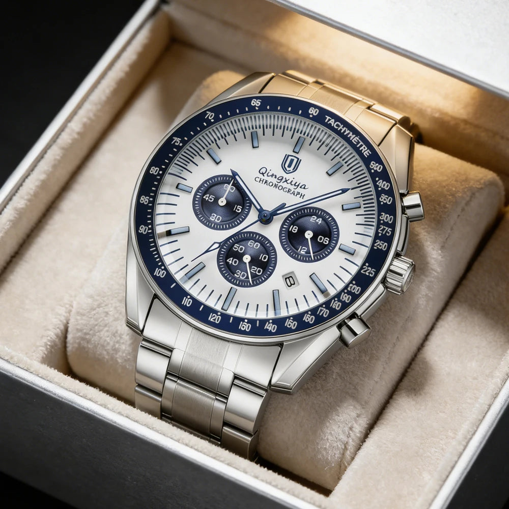 Montre à quartz pour homme, de marque de luxe, étanche et luminescente, en acier inoxydable, dotée d'un chronographe 24 heures et d'un affichage de la date – Montre élégante pour homme