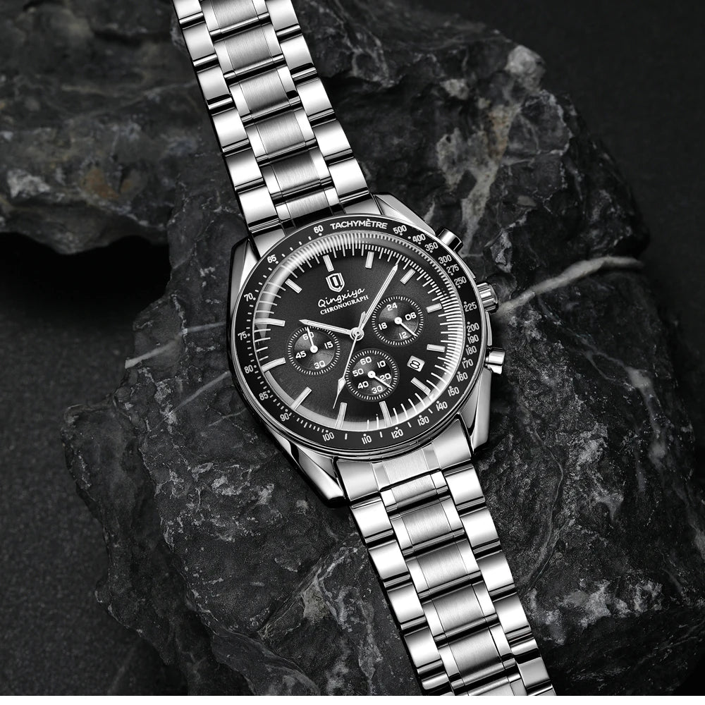 Montre à quartz pour homme, de marque de luxe, étanche et luminescente, en acier inoxydable, dotée d'un chronographe 24 heures et d'un affichage de la date – Montre élégante pour homme