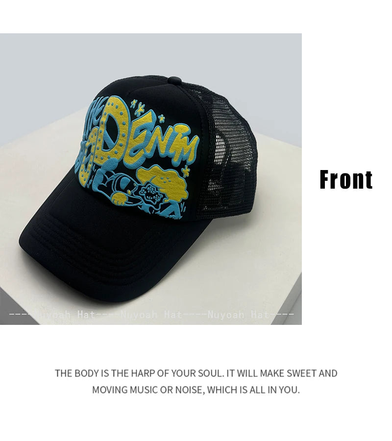 Șepci de baseball unisex interesante, cu litere imprimate 3D, cu parasolar, cu motive de desene animate, respirabile, cu blocuri de culori, șepci de camionagiu din plasă, versatile