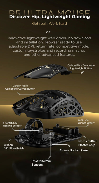 Ratón gaming inalámbrico ATTACK SHARK R5 ULTRA - sondeo 8K, sensor PAW3950MAX, 42,000 DPI, fibra de carbono ultraligera para esports profesionales