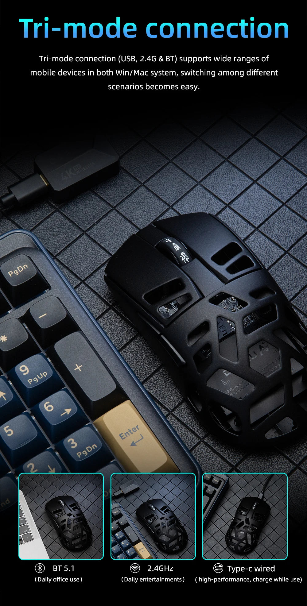 DAREU Al-mg Tri-mode 8Khz PBT bezdrátová herní myš s rychlým nabíjením PAW3950 30000 DPI, lehká, pro PC hráče
