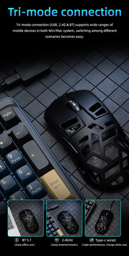 DAREU Al-mg Tri-mode 8Khz PBT bezdrátová herní myš s rychlým nabíjením PAW3950 30000 DPI, lehká, pro PC hráče