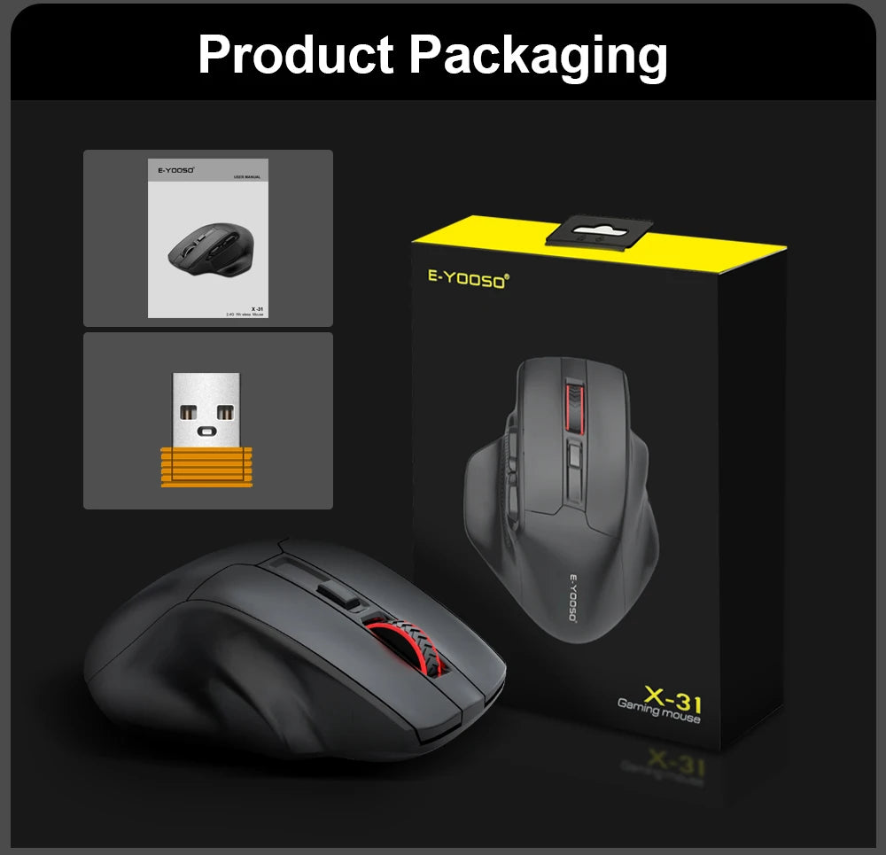 E-YOOSO X-31 Pro USB herní velká myš s podporou Bluetooth 2.4G, bezdrátová, PAW3212, 4800 DPI, pro hráče, počítač, notebook a PC