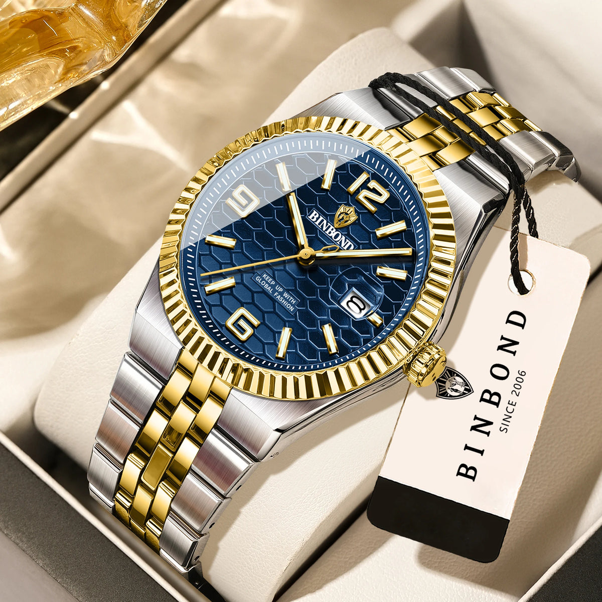 Reloj de pulsera de cuarzo de lujo BINBOND, luminiscente, resistente al agua, con fecha automática, para hombre, de acero, estilo ejecutivo, deportivo, moderno y desenfadado.