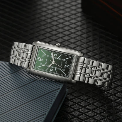 BERNY square men’s watch – Quartz movement, Roman numeral dial, luminescent display, 316L stainless steel case – An elegant and casual rectangular watch