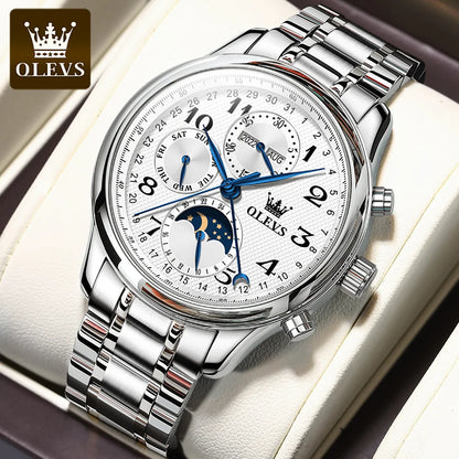 Montres pour hommes OLEVS 6667 avec phase de lune, 7 aiguilles, mécanisme automatique multifonction ; montre de luxe pour homme, idéale pour un style professionnel.
