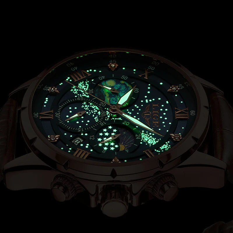 Montre pour homme LIGE – Montre à quartz de luxe, style décontracté, bracelet en cuir, idéale pour le travail ou le sport, étanche, avec date et chronographe.