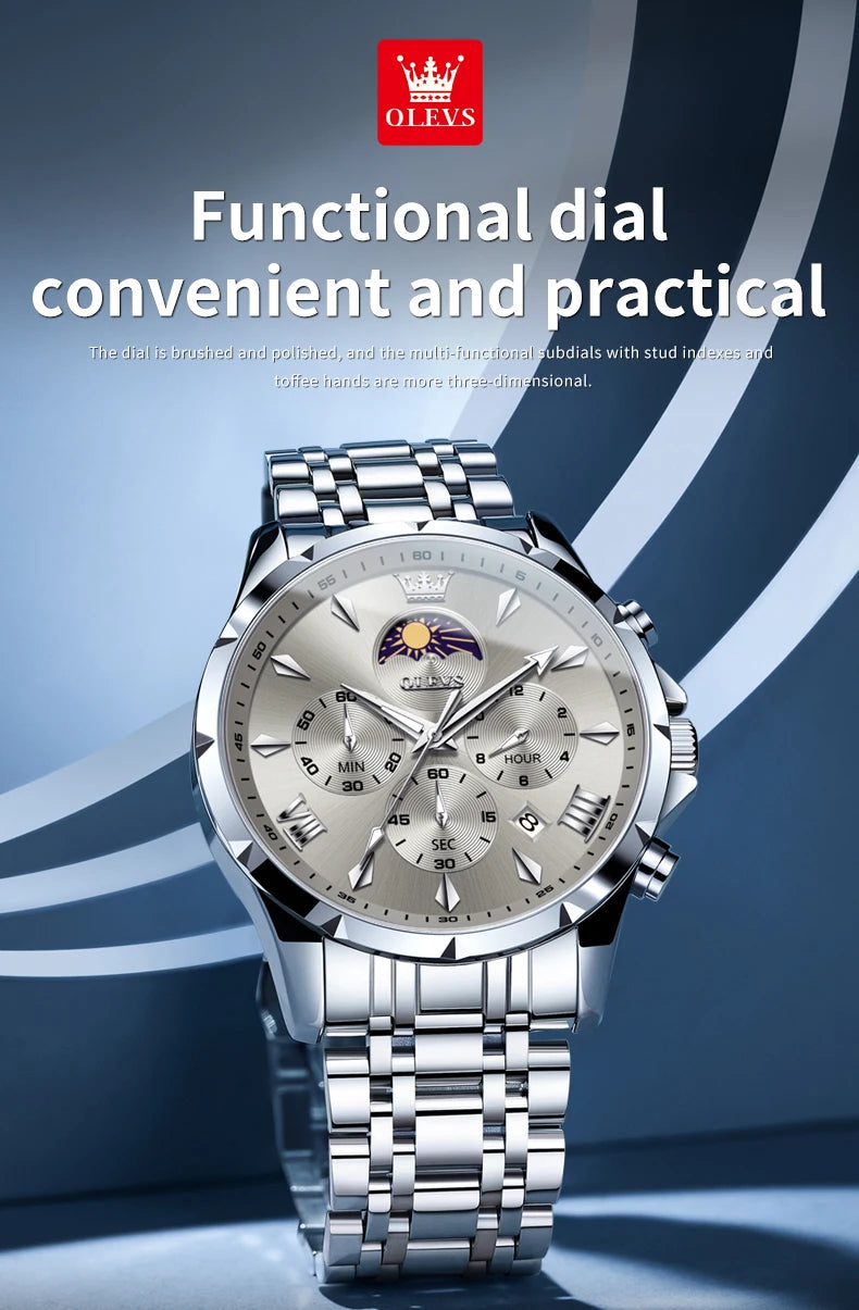 OLEVS 3653 Men’s Quartz Chronograph Watch  Moon Phase, Luminous, Date Display, Stainless Steel & 30M Waterproof
