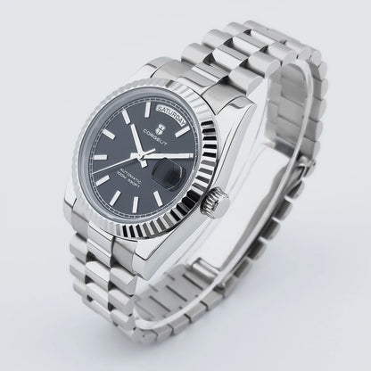 Reloj mecánico CORGEUT NH36 para hombre con indicador de día y fecha, brazalete President, caja de acero, bisel arqueado roscado, waterp