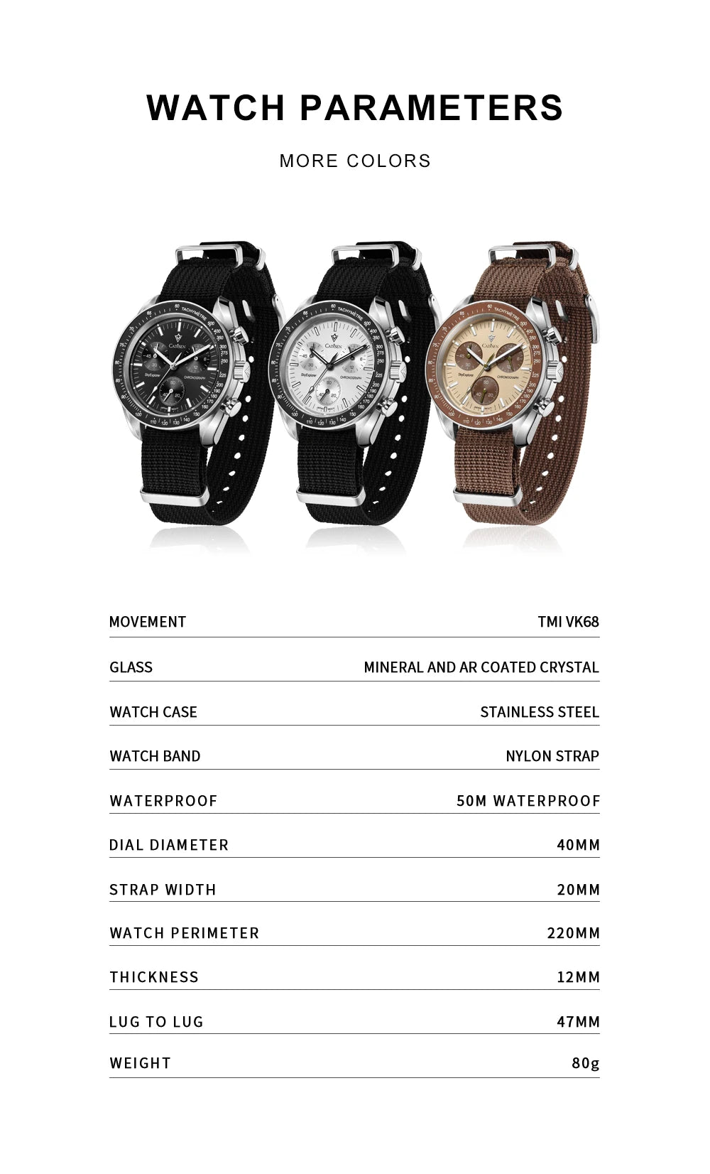 CADISEN Új férfi karórák Luxus kvarc karóra férfiaknak Zafír AR bevonatú üveg Vászon VK68 Speed Chronograph Automatikus