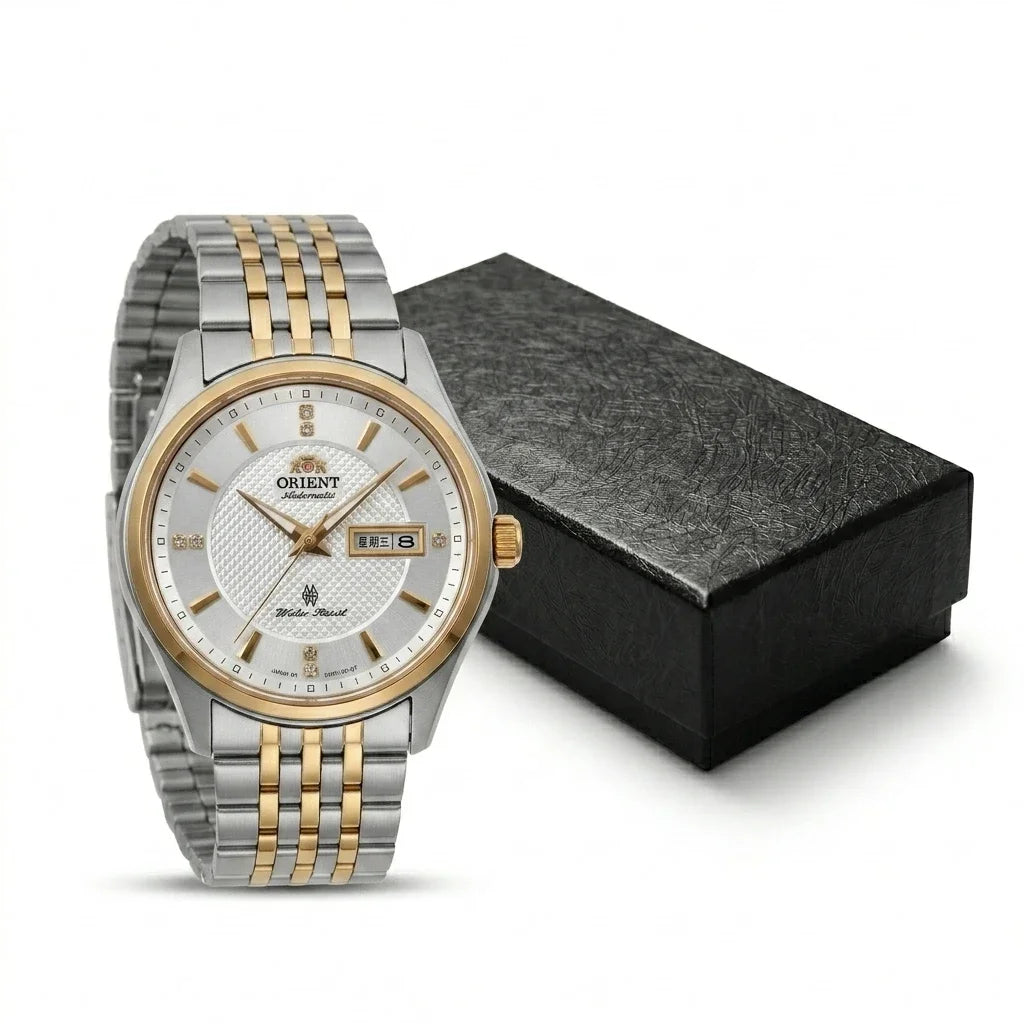 Montre mécanique automatique pour homme Orient, avec double calendrier (date et jour de la semaine), index en cristal et bracelet en acier inoxydable – Montre-bracelet de style professionnel