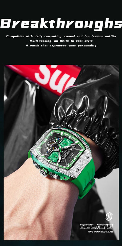 GELATU 6016 High-End Full Diamond Automatic Mechanical Watch for Men Multifunction Hollow Silicone Strap Men's Wristwatches