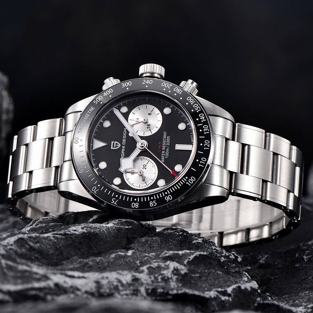 Montre pour homme PAGANI DESIGN « Panda » – Chronographe à quartz de luxe, étanche, verre saphir avec traitement antireflet, montre de sport luminescente