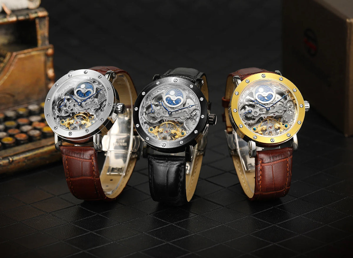SKROX automatic mechanical wristwatch for men, skeletonised model with GMT function, moon phase and tourbillon – A high-end, elegant and original luxury watch.