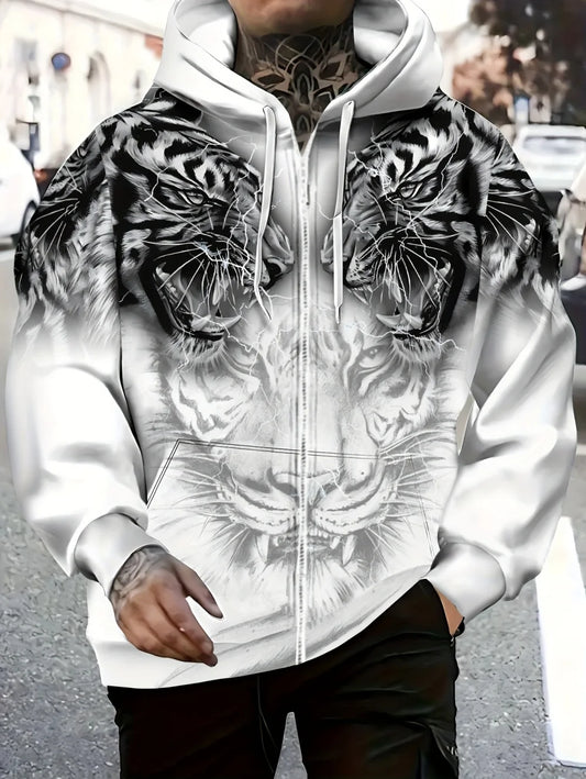 2025 Herren-Hoodie mit Tiger-Grafik, langen Ärmeln, Reißverschluss, Kordelzug und Taschen – lässige Outdoor-Fashion-Jacke für Herren