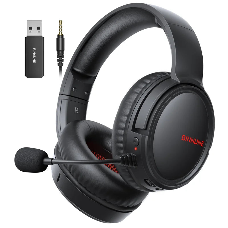 Casque de jeu sans fil BINNUNE avec micro, léger, circum-auriculaire, faible latence, Bluetooth, micro à réduction de bruit