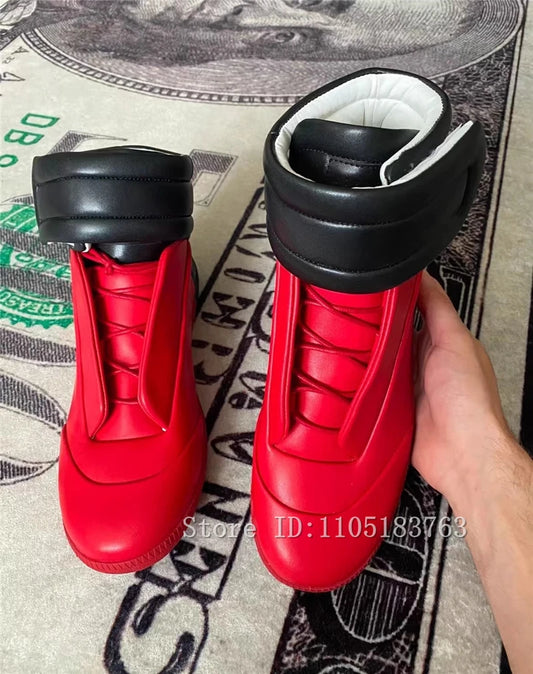 Men Mixed Color Real Leather Ankle Boots Fashion Design Lace Up High Top Sport Shoes Male Casual Flat Sneakers