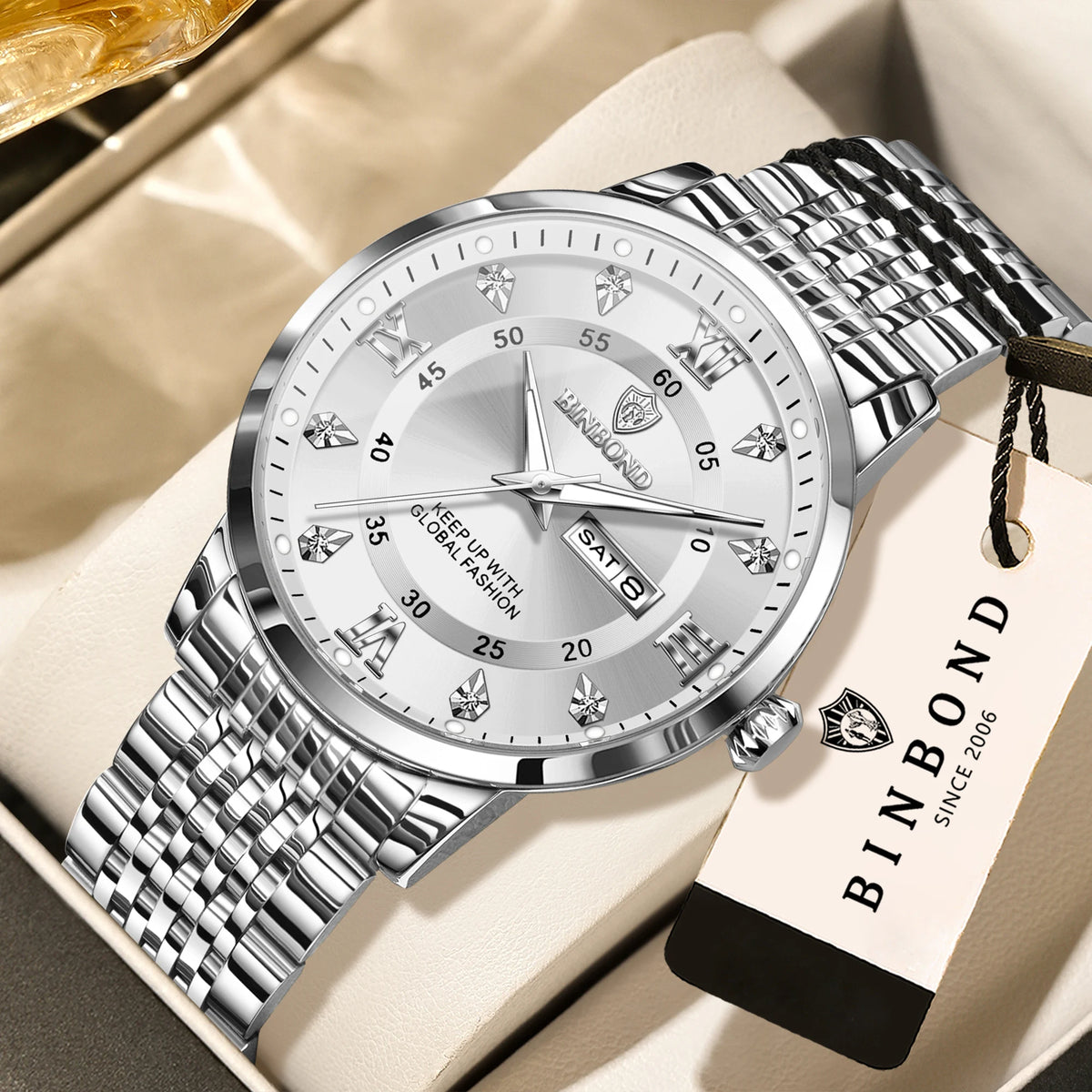 Relógio de pulso de luxo BINBOND com movimento de quartzo para homem – Impermeável, luminoso, com indicação do dia da semana – Estilo empresarial, desportivo, moderno e casual